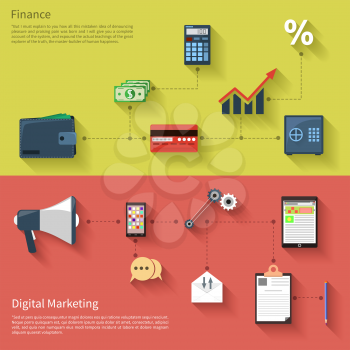 Digital marketing concept with megaphone and finance icons on banners. Flat icon modern design style concept 