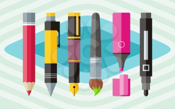 Big set of colored engineering and office pens and pencils in flat cartoon design style