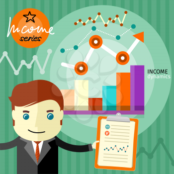 Investment chart on the clipboard. Income dynamics concept. Man holding a clipboard on which graphics in flat design style on background with graphics and point arrow