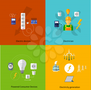 Flat design concept of power station energy icons with electrician team. Household power supply, electric devices, electricity generation and professionale electrician item icons on multicolor banners