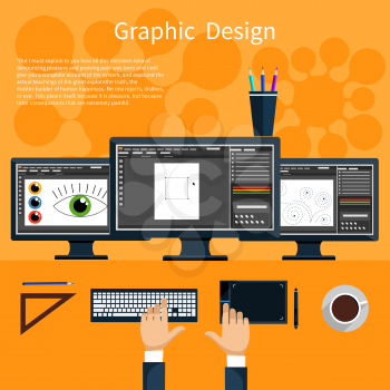Concept for graphic design, designer tools and software in flat design with computer surrounded designer equipment and instruments. Top view of designer draws on tablet at desk