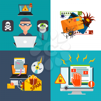 Computer crime in flat design concept. Criminal using computer to commit crime. Hacker activity viruses hacking and e-mail spam