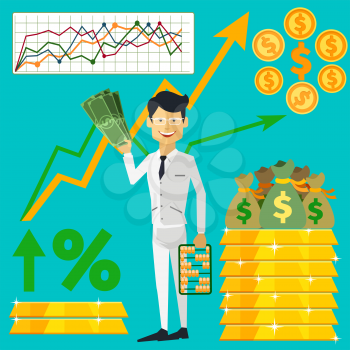 Happy man trader holding dollars in hand and near him on background gold bars and graph arrow indicators up flat design style