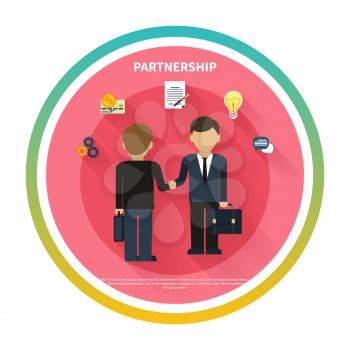 Partnership concept. Businessmen on business meeting. Two man do handshake in flat design