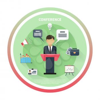 Flat design concept of businessman presenting development and financial plan on meeting conference