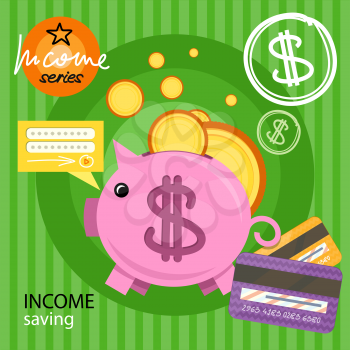 Income saving series. Piggy bank with coins and card, financial savings and banking economy, long-term deposit investment. Flat icon modern design style concept