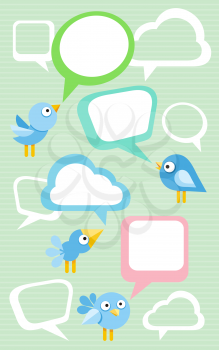 Social media communication network concept. Set of different birds with bubble cartoon design style