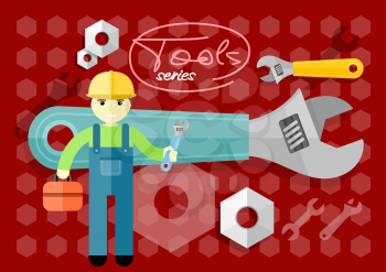 Man, person with toolbox and wrench in hands. Engineer character. Flat icon modern design style concept 