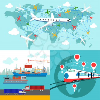 Shipping, delivery car, ship, plane transport on a background map of the world