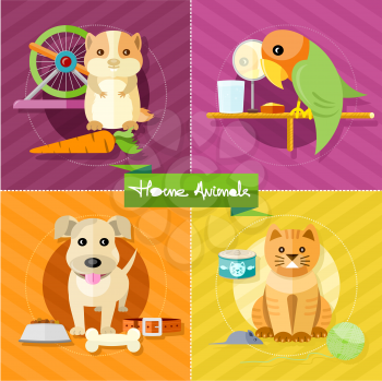 Icon set with animals silhouettes of pets on multicolor stylish banners. Hamster, parrot, cat and dog in flat design cartoon style
