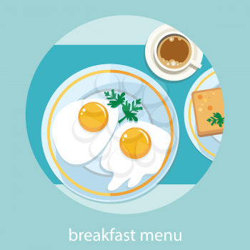 Breakfast set top view. Coffee, fried egg, waffles. Morning breakfast menu in cartoon style