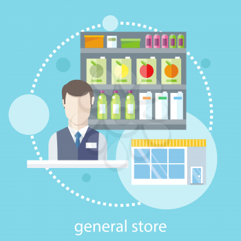 Supermarket general store. Shelfs with food and potables near seller in flat design style