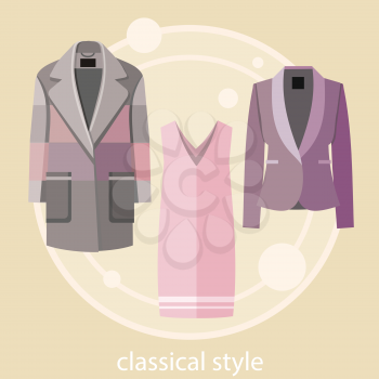 Set of summer and autumn classical style dresses clothes for office in fashion store. Concept in flat design