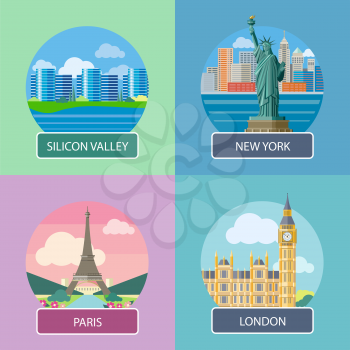 Big Ben and Westminster Bridge, London, UK. Office building in Silicon Valley. Statue of Liberty, New York City. Eiffel tower, Paris. France. Posters concept in cartoon style with text