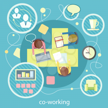 Coworking concept. Co-working item icons. Business meeting top view in flat design. Shared working environment