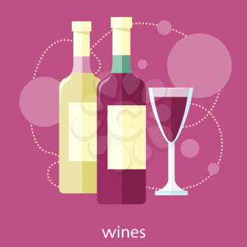 Wine glass and bottle. Vines item icons in flat design style on stylish background 