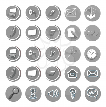 Electronic device icons in cartoon style in black color. Devices include set of communication icons megaphone computer laptop smartphone data information calling monitor and calculator
