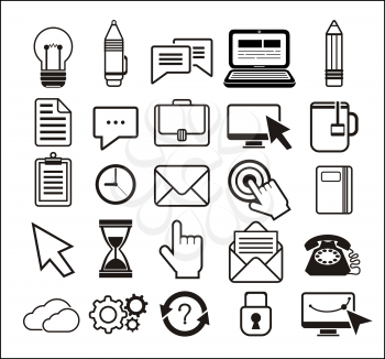 Set of different mouse cursors hand cursor hourglass. Office icons such as pencil, pen, letter, briefcase, clipboard, watch. Black icons on white background