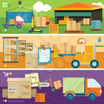 Warehouse distribution delivery in different locations. The technique works with boxes parcels. Delivery shipping concept in flat design on banners