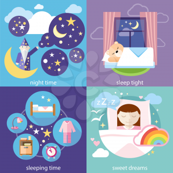 Banners with sleeping time, night time, sweet dreams and sleep tight concepts icons in cartoon style. Little cute girl sleeping in her bed with toys