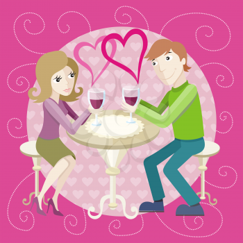 St Valentine concept. Young happy amorous couple with glasses of redwine on romantic date at restaurant.