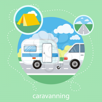 Caravaning on the road near the tree. Caravaning tourism. Icons of traveling, planning a summer vacation, tourism and journey objects