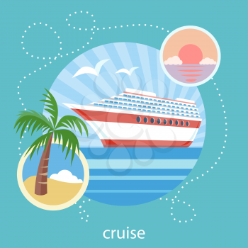 Cruise ship in clear blue water near island with palm tree. Water tourism. Icons of traveling, planning a summer vacation, tourism and journey objects