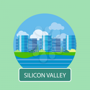 Silicon Valley sign. Office building in Silicon Valley. Poster concept in cartoon style with text