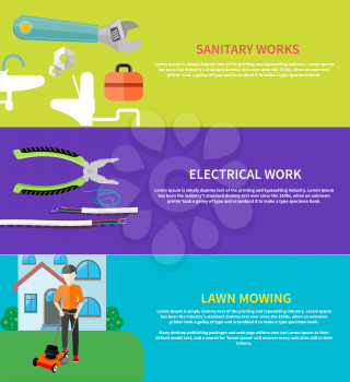 Man cutting grass in his garden yard with lawn mower. Sanitary works. Toolbox and wrench. Electrical work. Metal pliers with tangled blue red electric cable in flat design. 
