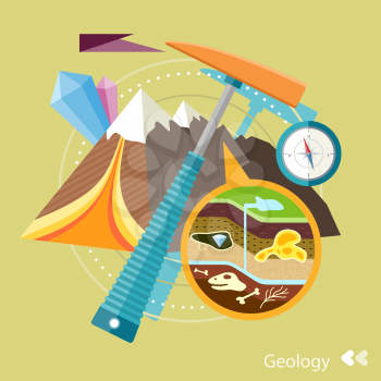 Soil Layers with dinosaur fossil. Cross section of ground. Rocks with minerals Concept in flat design cartoon style on stylish background