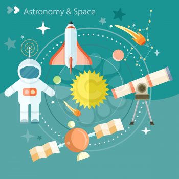 Space and astronomy icons set with telescope globe rocket astronaut. Concept in flat design cartoon style on stylish background