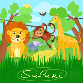 Safari concept. Cute african safari animals cartoon characters scene on background with trees