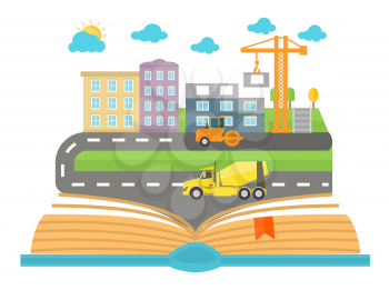 Open book with city on a white background. Concept in flat design. Car goes on the road in the city