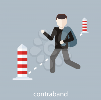 Concept in flat design. Man carries contraband in the bag through the checkpoint at the customs border