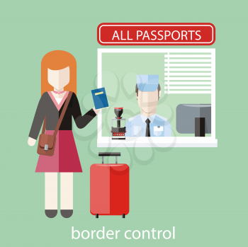 Border control concept in flat design. Woman gives a passport to check customs officers