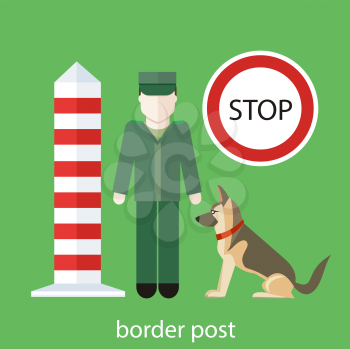 Officer custom control. Customs officer with the dog at the customs post. Concept in flat design