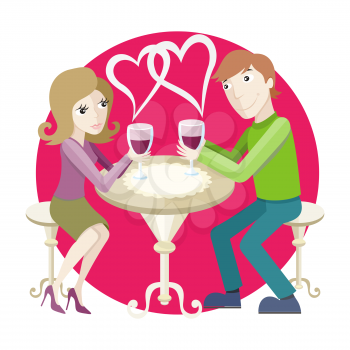 St Valentine concept. Young happy amorous couple with glasses of redwine on romantic date at restaurant.
