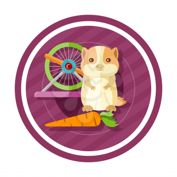 Golden hamster eating carrot near round cells. Concept in cartoon style