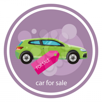 Car sale design template with modern car and tag. Concept in flat style cartoon design on stylish background