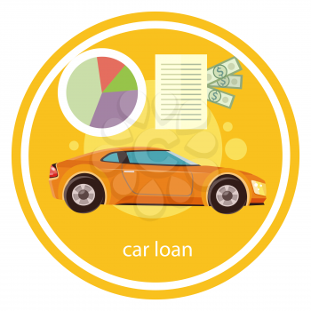 Car loan approved document with dollars money. Modern car on stylish background in flat cartoon design style