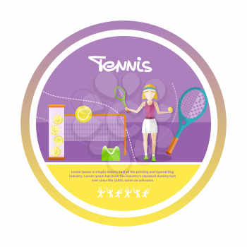 Tennis sport concept with item icons. Portrait of sporty girl tennis player with racket in flat design style
