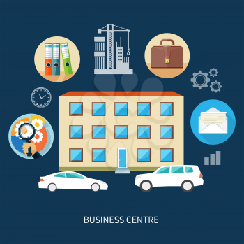 Modern business center concept with item icons in flat design. In front of the business center are cars