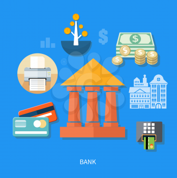 Bank office symbol with ATM dollars tree and cards icon. Banking concept in flat design