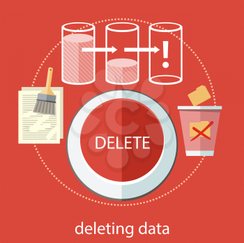 Deleting data files from folder to recycle bin. Delete button in red color. Brush cleans paper file. Concept in flat design style. Can be used for web banners and promotional materials