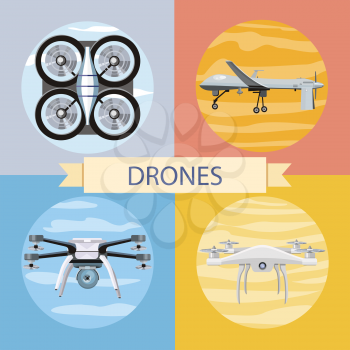 Drone flying for aerial photography or video shooting. Set of different quadrocopters icons. Concept in flat design style. Can be used for web banners, marketing and promotional materials, presentatio