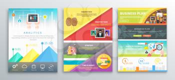 Set of infographic business brochures banners analitics, strategy, brainstorm. Modern stylized graphics for data visualization. Can be used for web banners, marketing and promotional materials, flyers