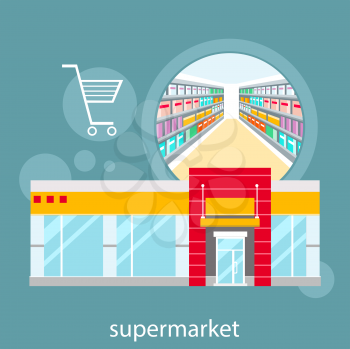 Flat design concepts of supermarket general store, shopping mall and fashion store