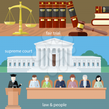 Man in court. Lawyer icons concept. Fair trial. Supreme court. Law and people. Concept in flat design style. Can be used for web banners, marketing and promotional materials, presentation templates