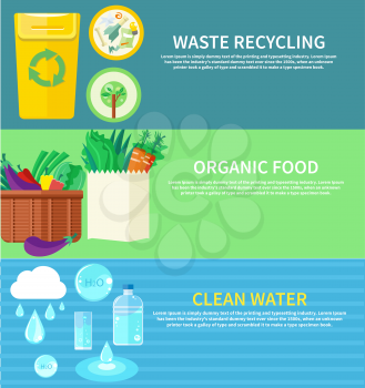 Clean water, organic food and waste recycling. Set of nature and organic icons in flat design, bio and environment concept on banners 