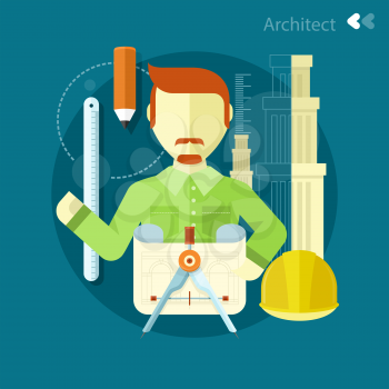 Vertical portrait of a happy architect constructor worker at his work place with tools for drawing. Concept in flat design